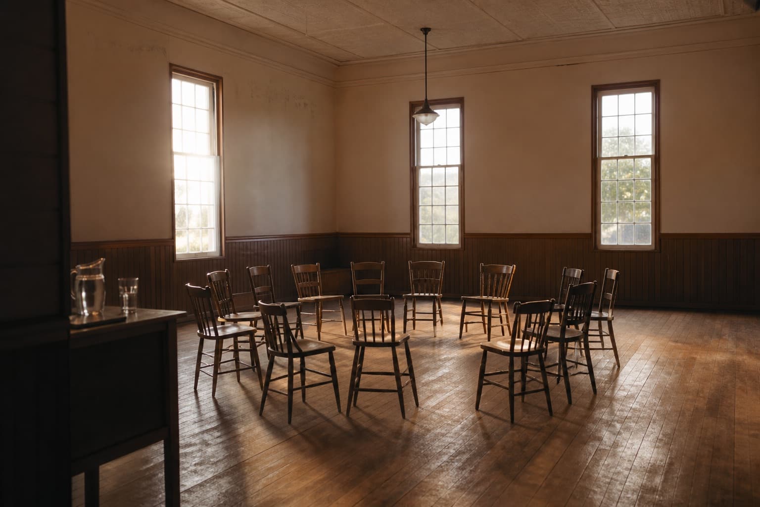 Empty wooden chairs in a circle in a sunlit community hall