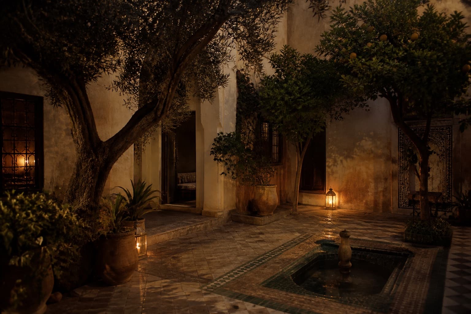A quiet courtyard at dusk with lantern light, stone walls, and a small fountain