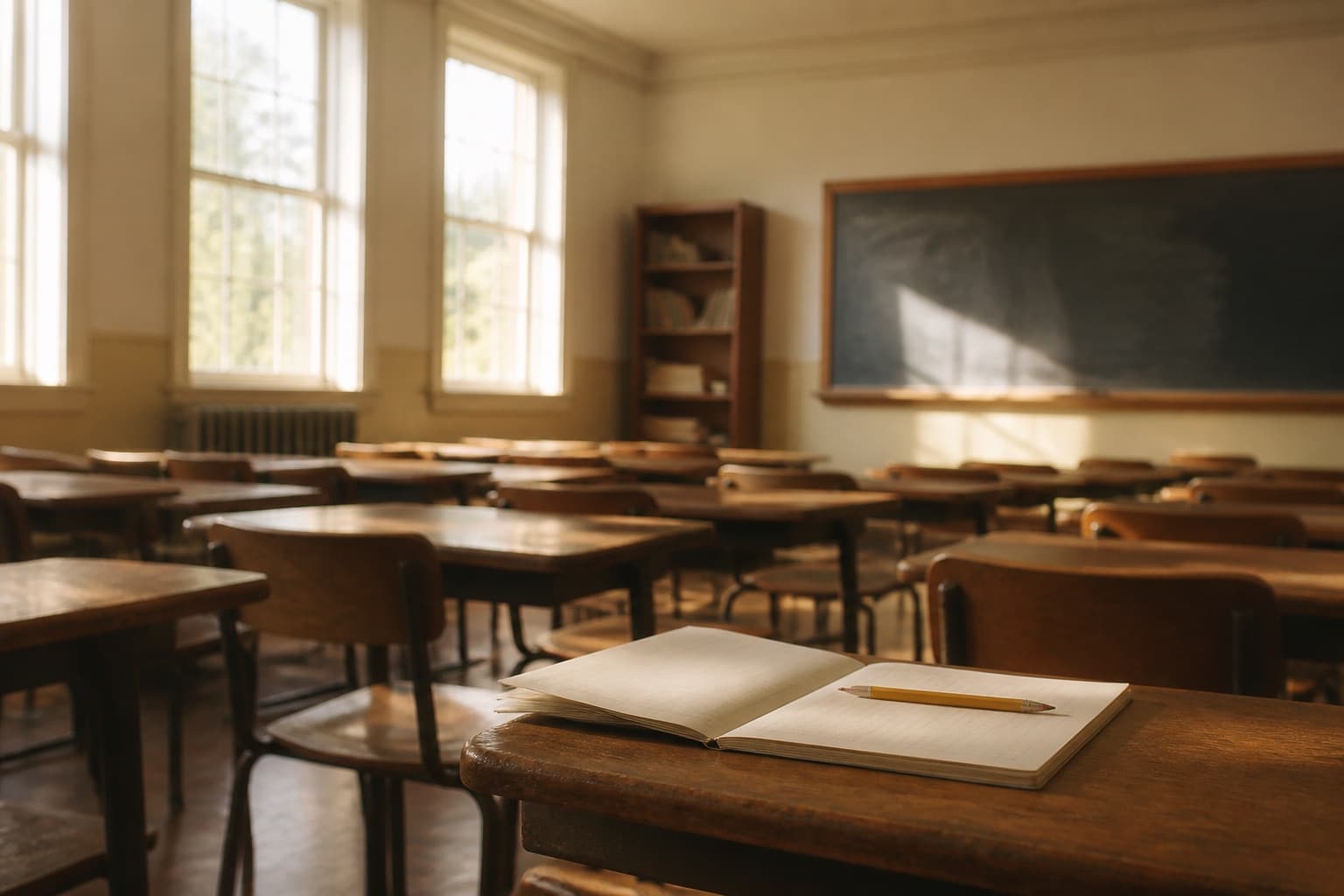Sunlit empty classroom with wooden desks and open notebooks in morning light