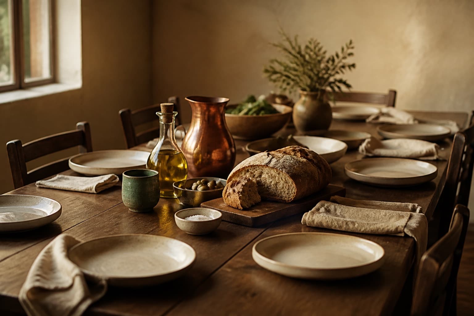 A long wooden table set simply for a shared meal in warm evening light
