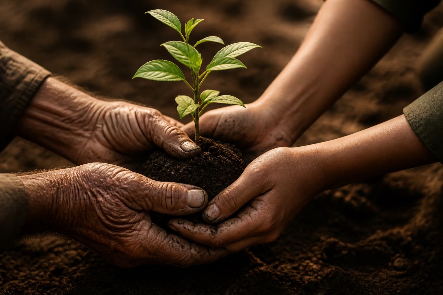 Weathered and younger hands planting a sapling together