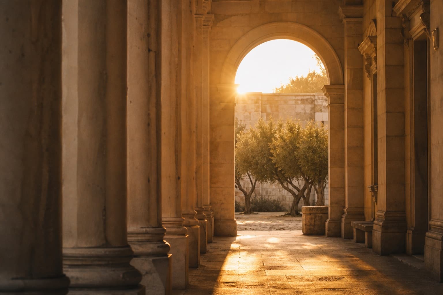 Stone colonnade at golden hour, light falling through a keystone arch into a quiet courtyard
