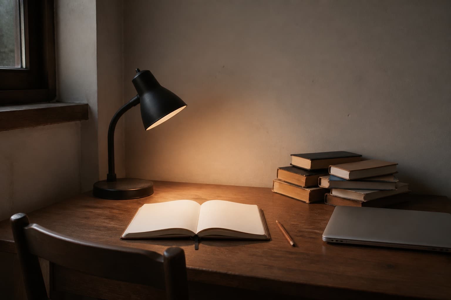 A wooden desk with books, a notebook, and a closed laptop in warm lamp light