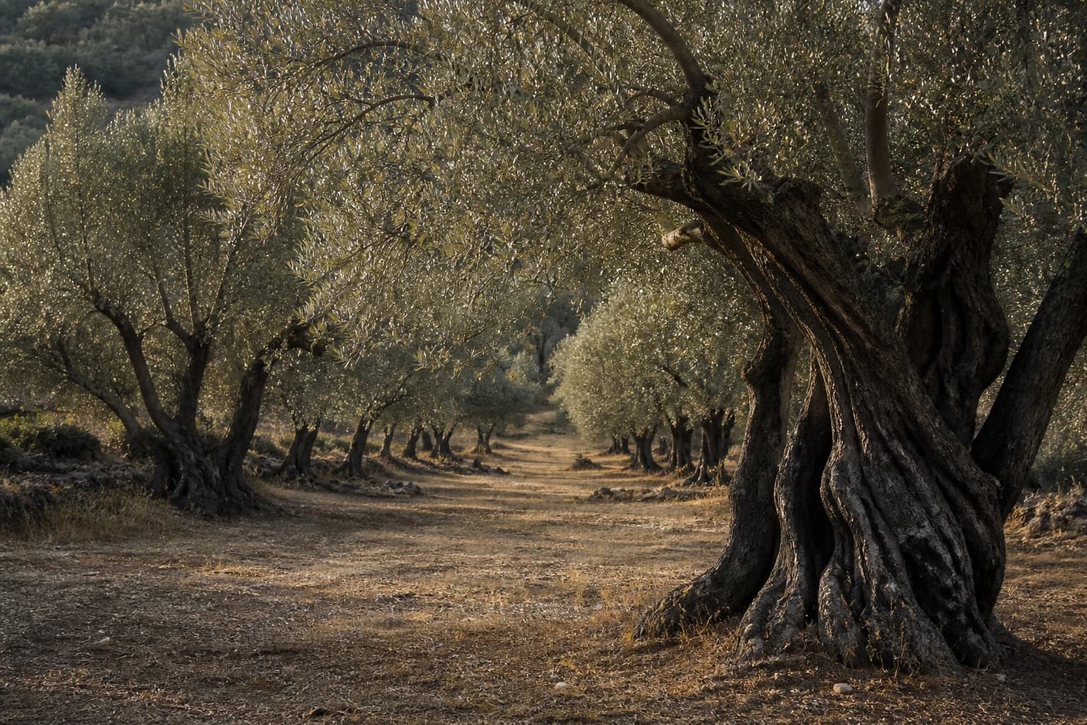 An olive grove in late afternoon light